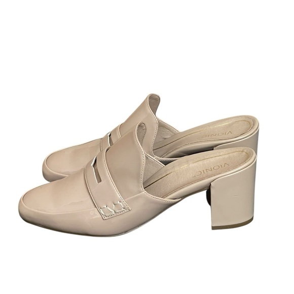 Vionic Plaza Annabel Women 10 Patent Leather Beige Mules Shoes Block Heel - Picture 5 of 14